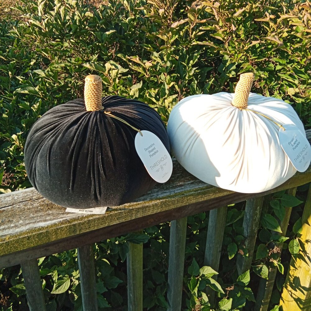 Big Fall Decor Plush Pumpkins Black White Velvet Feel Stem